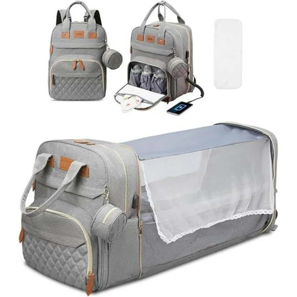 Large diaper bag backpack with changing station waterproof travel baby bag grey